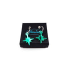 Electric green mirror limited edition Festive Vintage Star earrings, shown on a Wear and Resist gift box.  