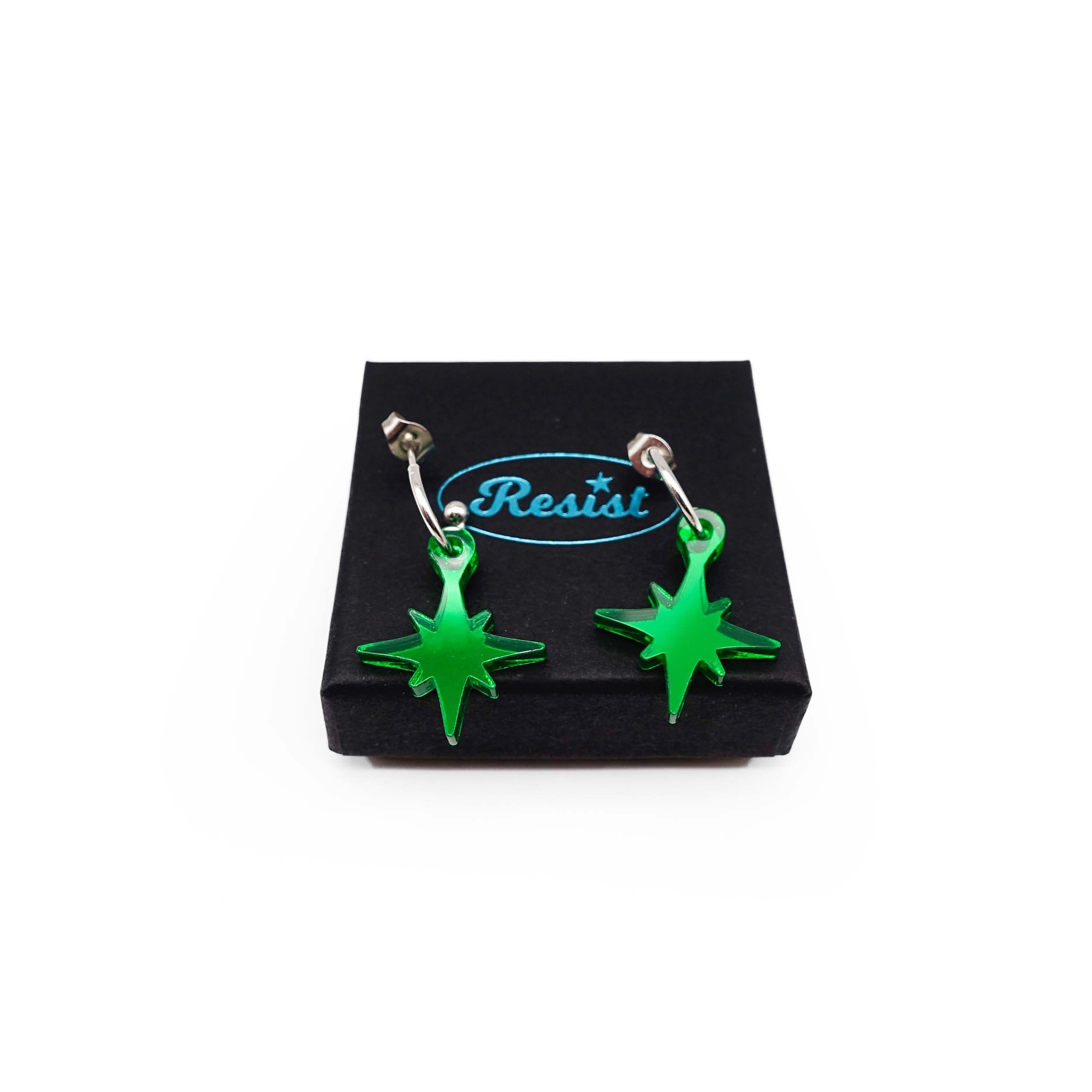 Envy green mirror limited edition Festive Vintage Star earrings, shown on a Wear and Resist gift box.  