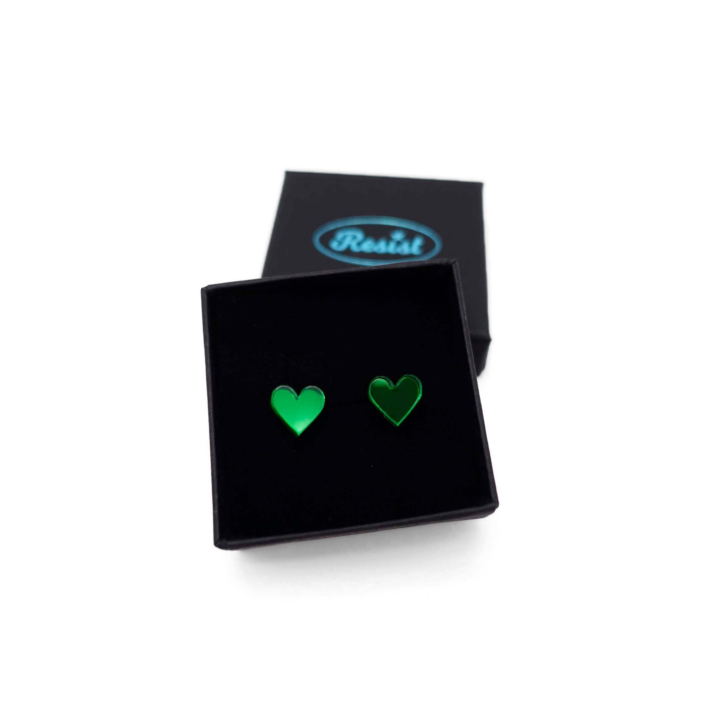 Envy green mirror small heart earrings, shown in a small Wear and Resist gift box. 