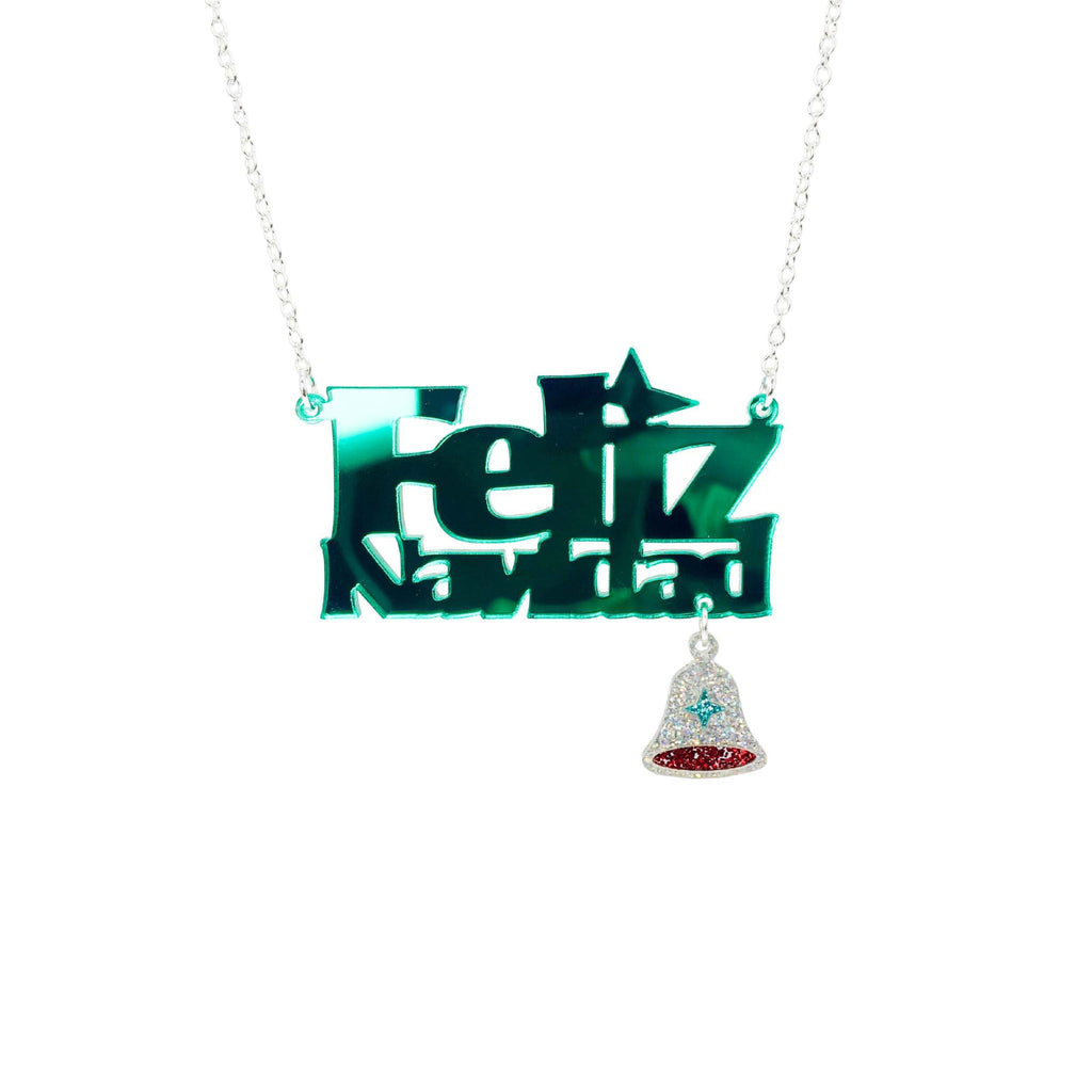Feliz Navidad necklace with glitter bell, designed by Sarah Day for Wear and Resist. 