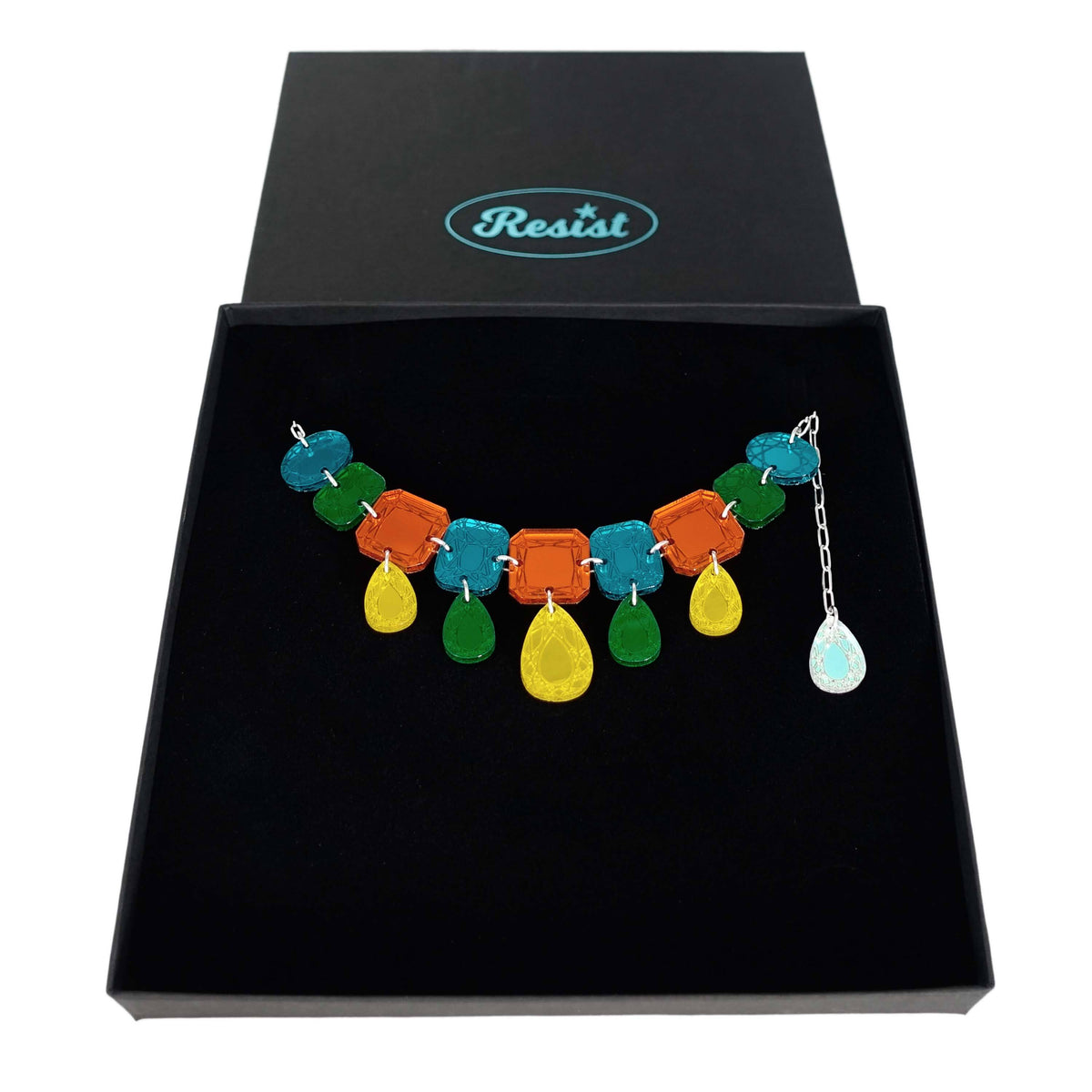 Jewel necklace in flame mambo colours, shown in a large Wear & Resist gift box. 