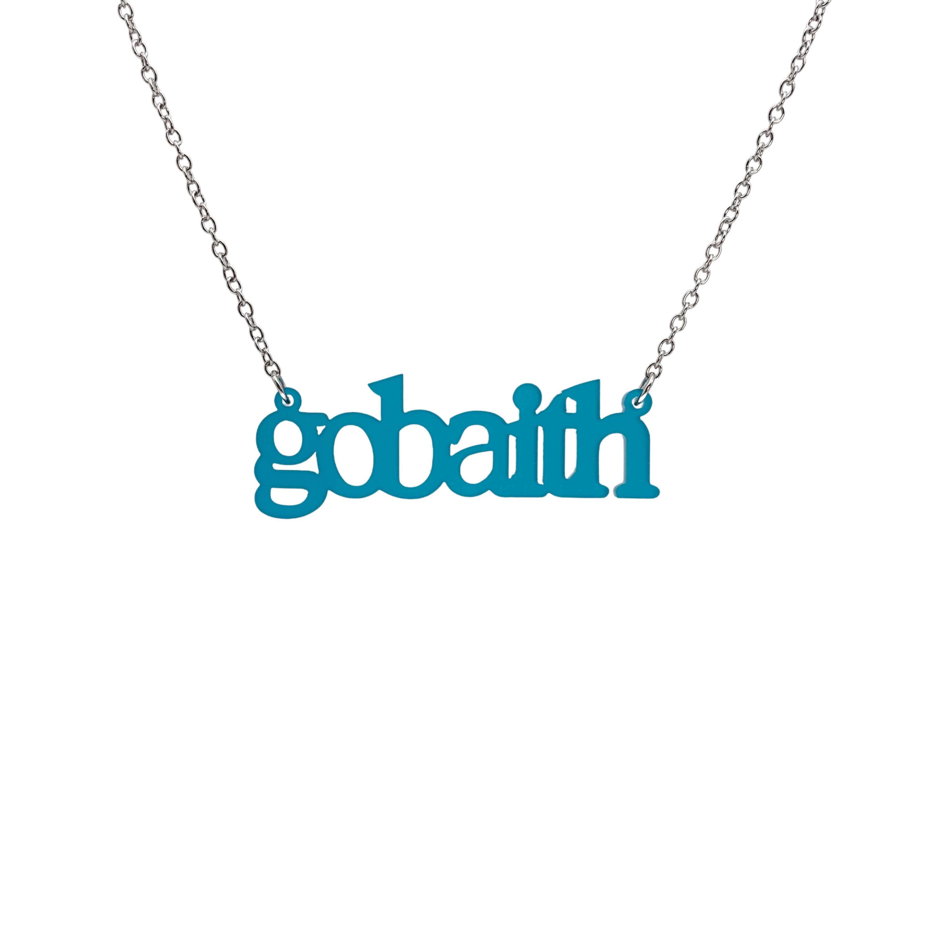 Gobaith Welsh hope necklace in teal frost, shown hanging on a stainless steel chain. 