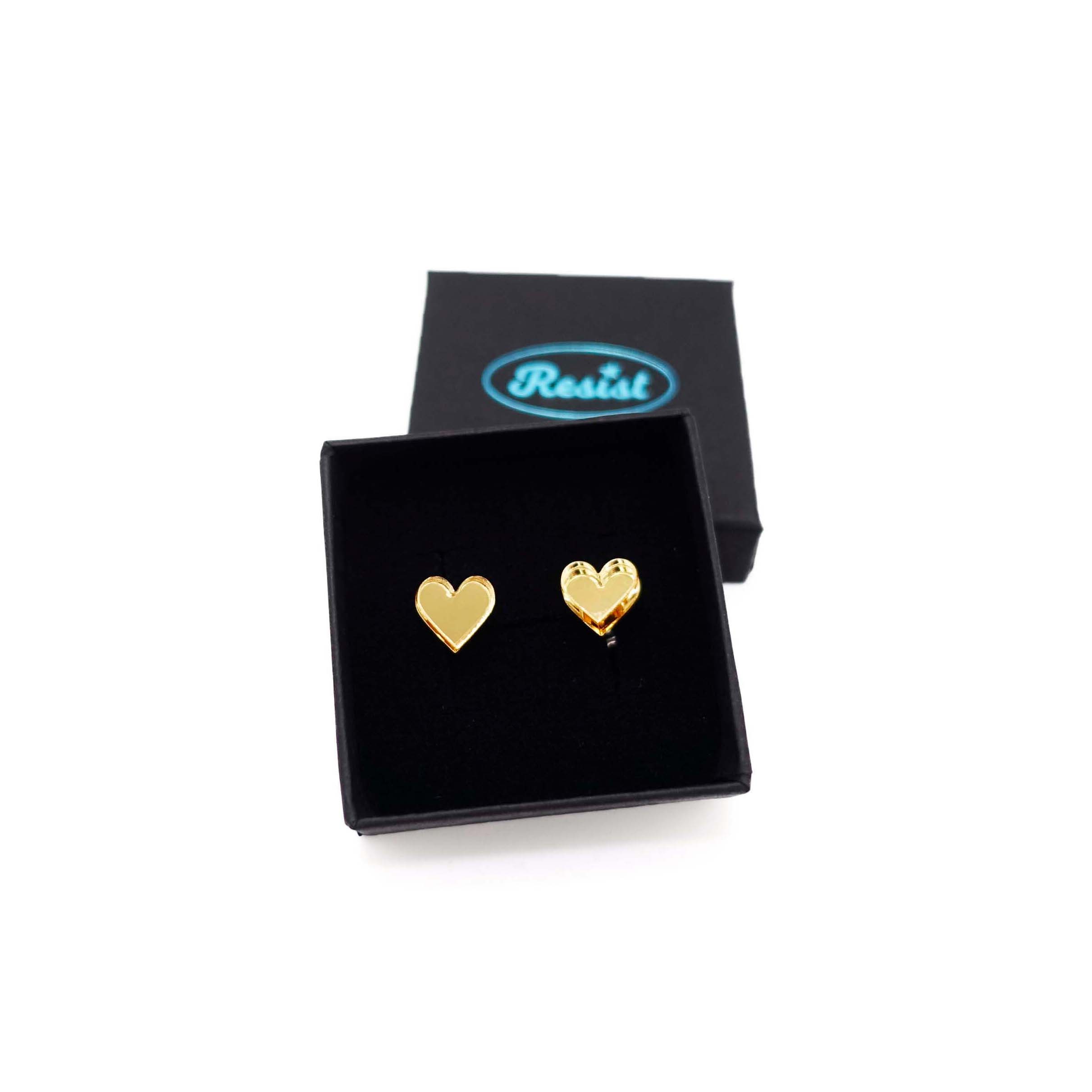 Gold mirror small heart earrings, shown in a small Wear and Resist gift box. 