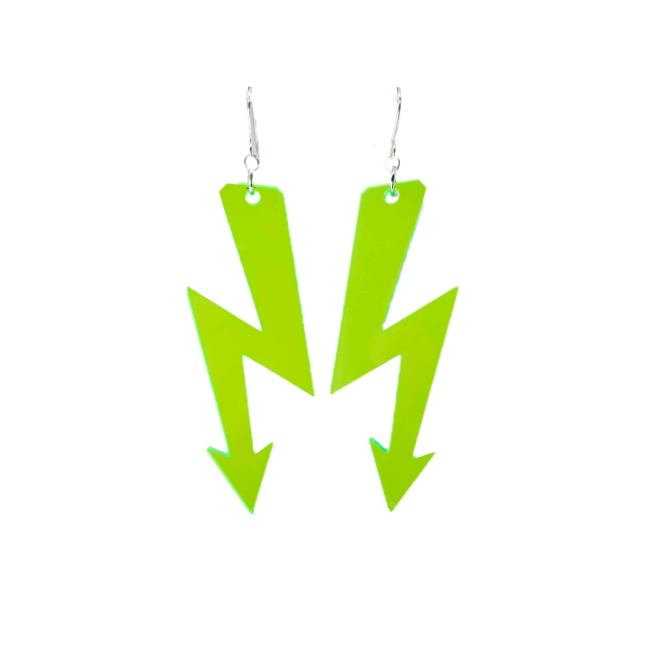 Neon lime High Voltage earrings shown hanging against a white background. 