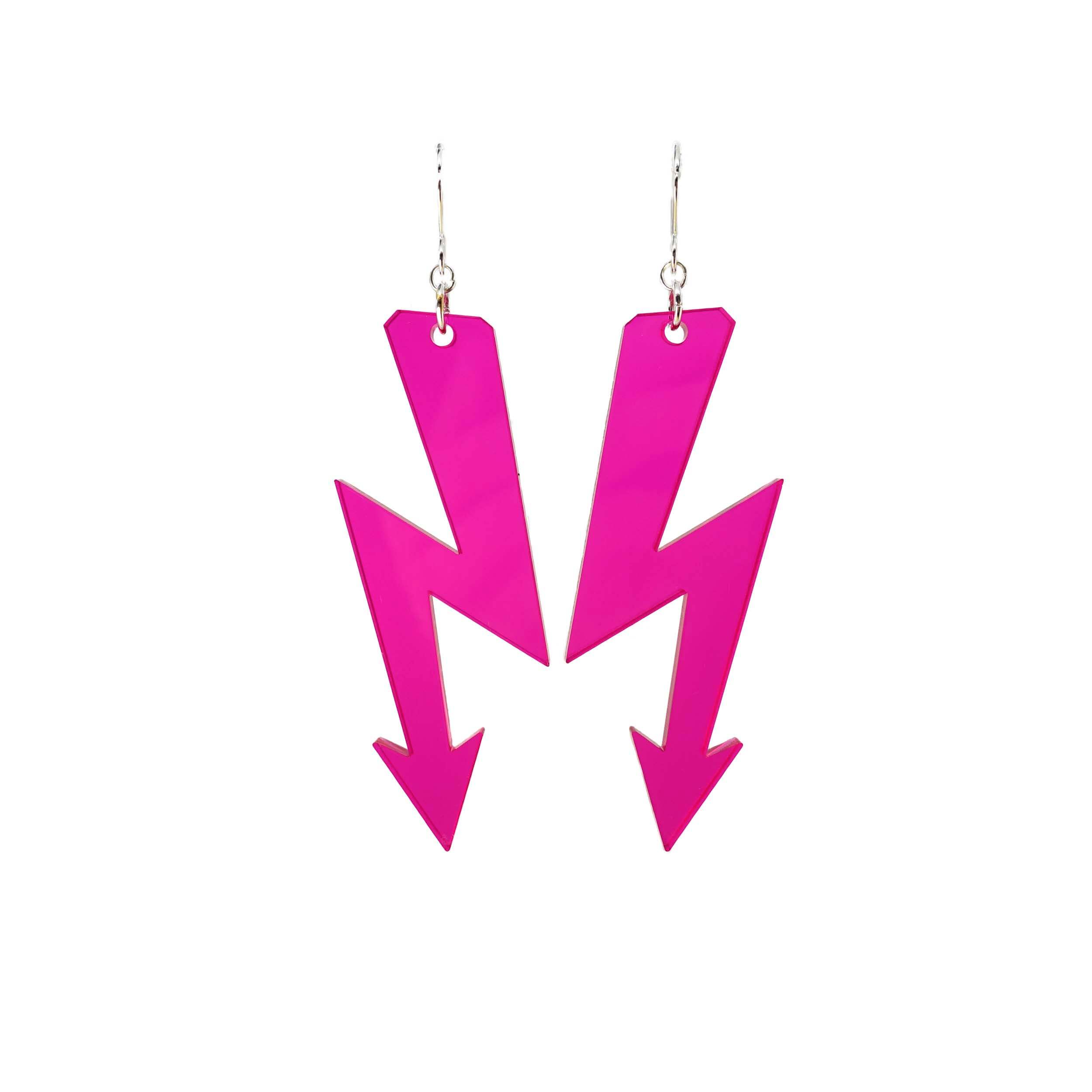 Neon pink High Voltage earrings shown hanging against a white background. 