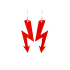Hot red large High Voltage earrings shown hanging against a white background. Designed by Sarah Day for Wear and Resist. High Voltage feminism! 