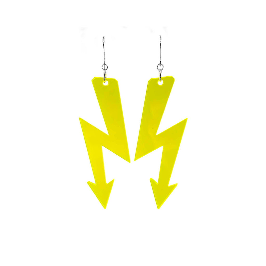 Citrus yellow large High Voltage earrings shown hanging against a white background. 