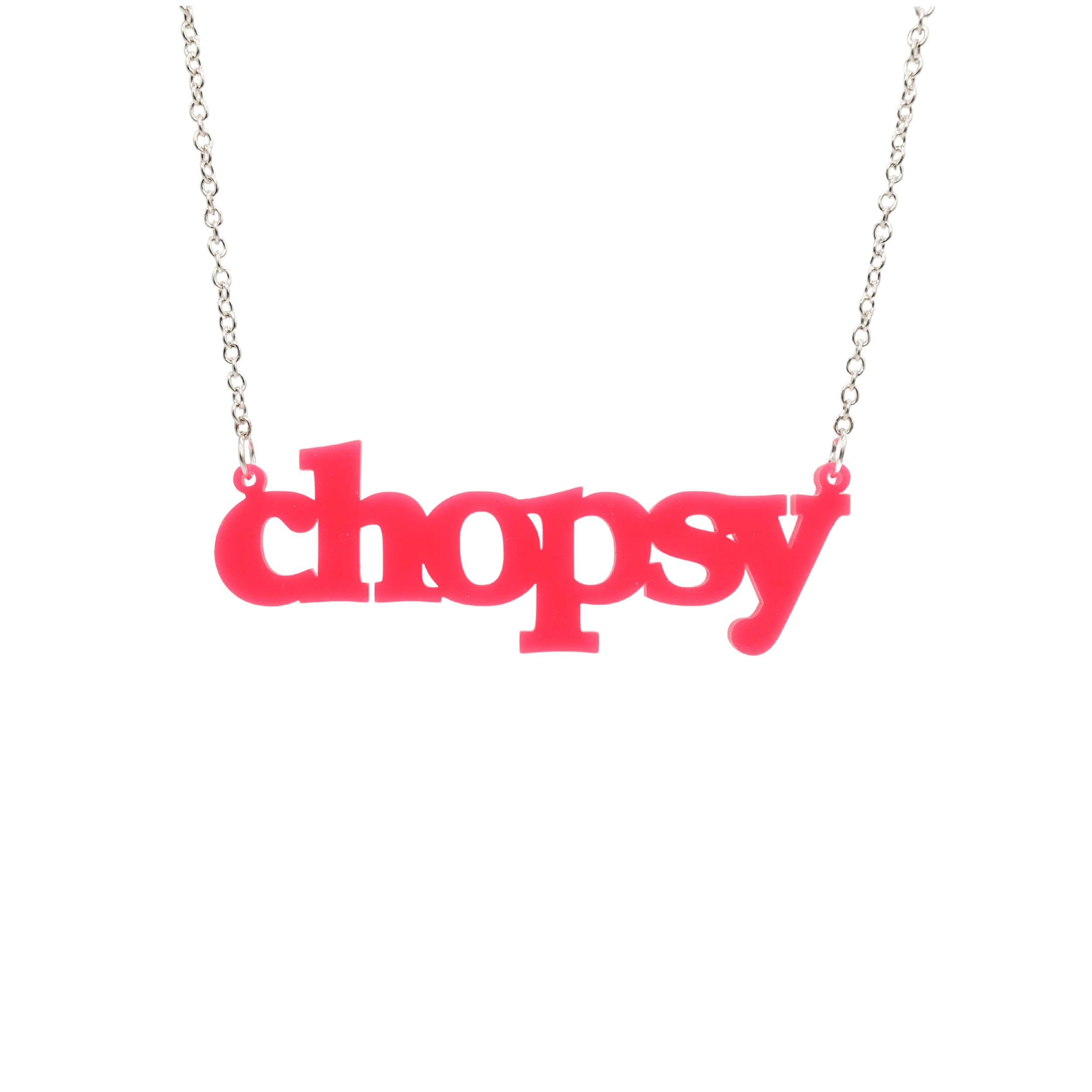 Hot pink Chopsy necklace shown hanging against a white background. 