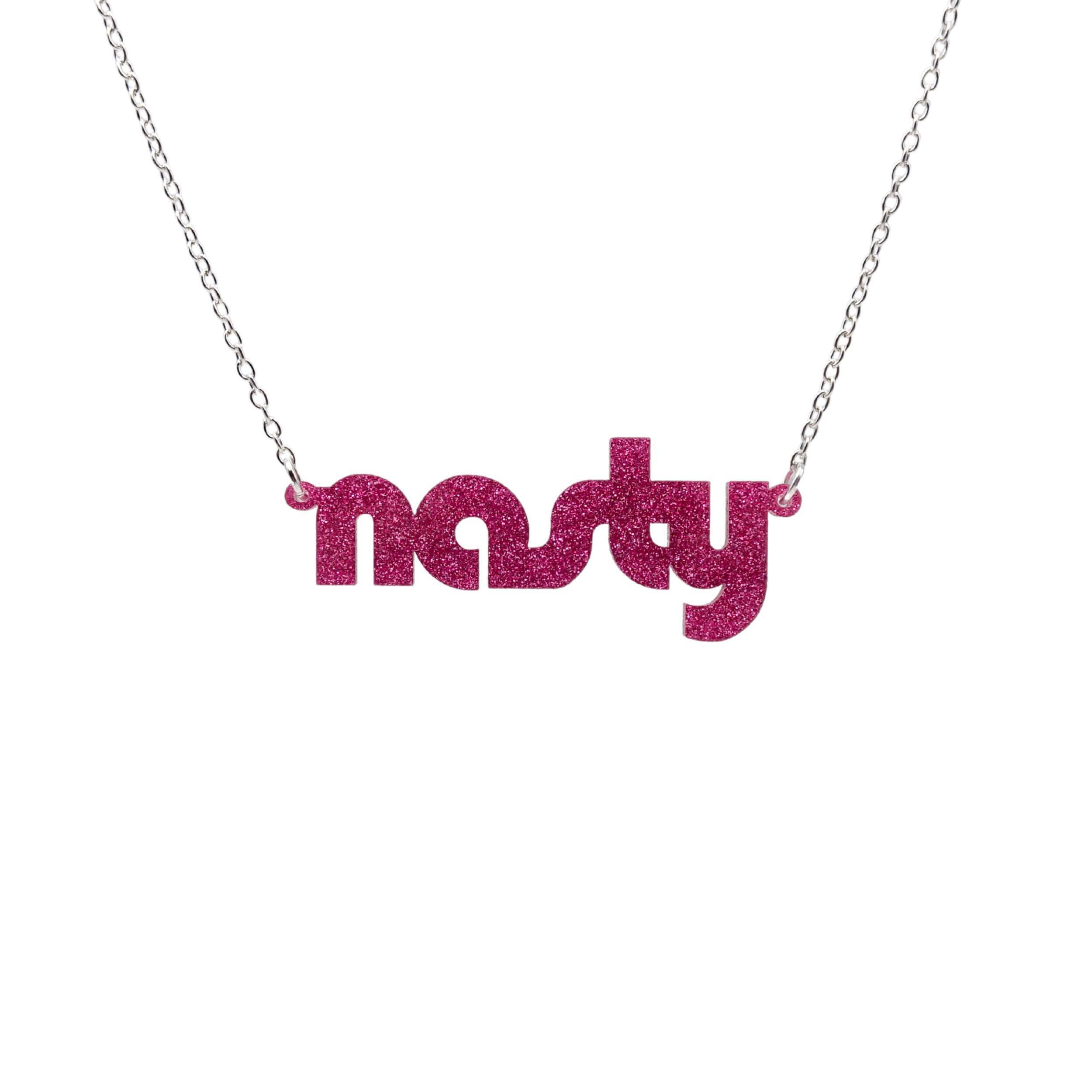 Nasty necklace in hot pink glitter, shown hanging against a white background.