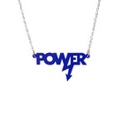 Mini power necklace in indigo frost shown hanging on a silver chain against a white background. Designed in collaboration with Mary Beard for her book Women and Power. 