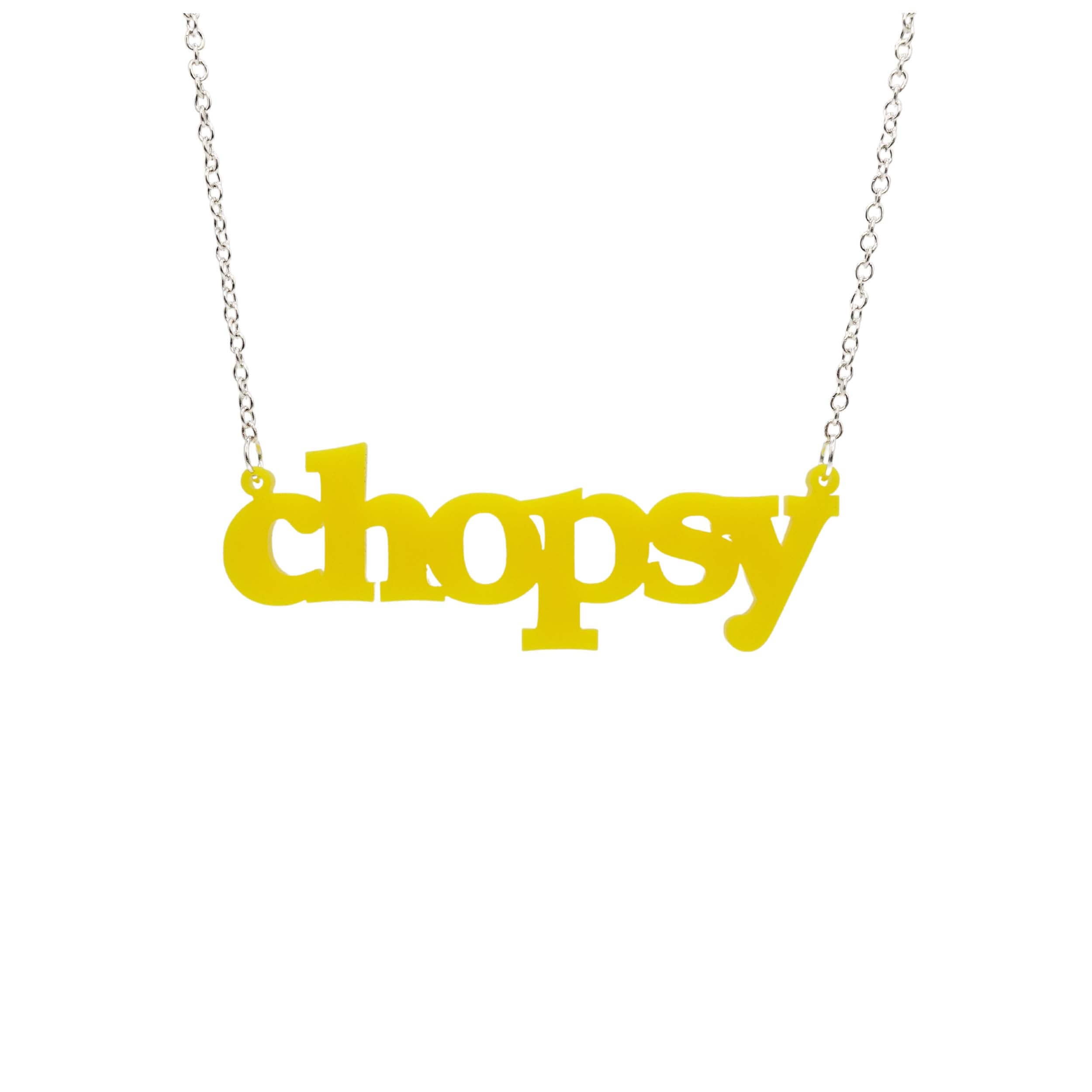 Lemon Chopsy necklace shown hanging against a white backround. 