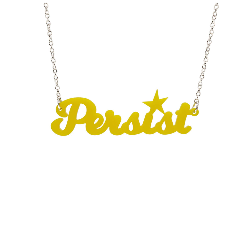 Lemon script Persist necklace shown hanging against a white background. 