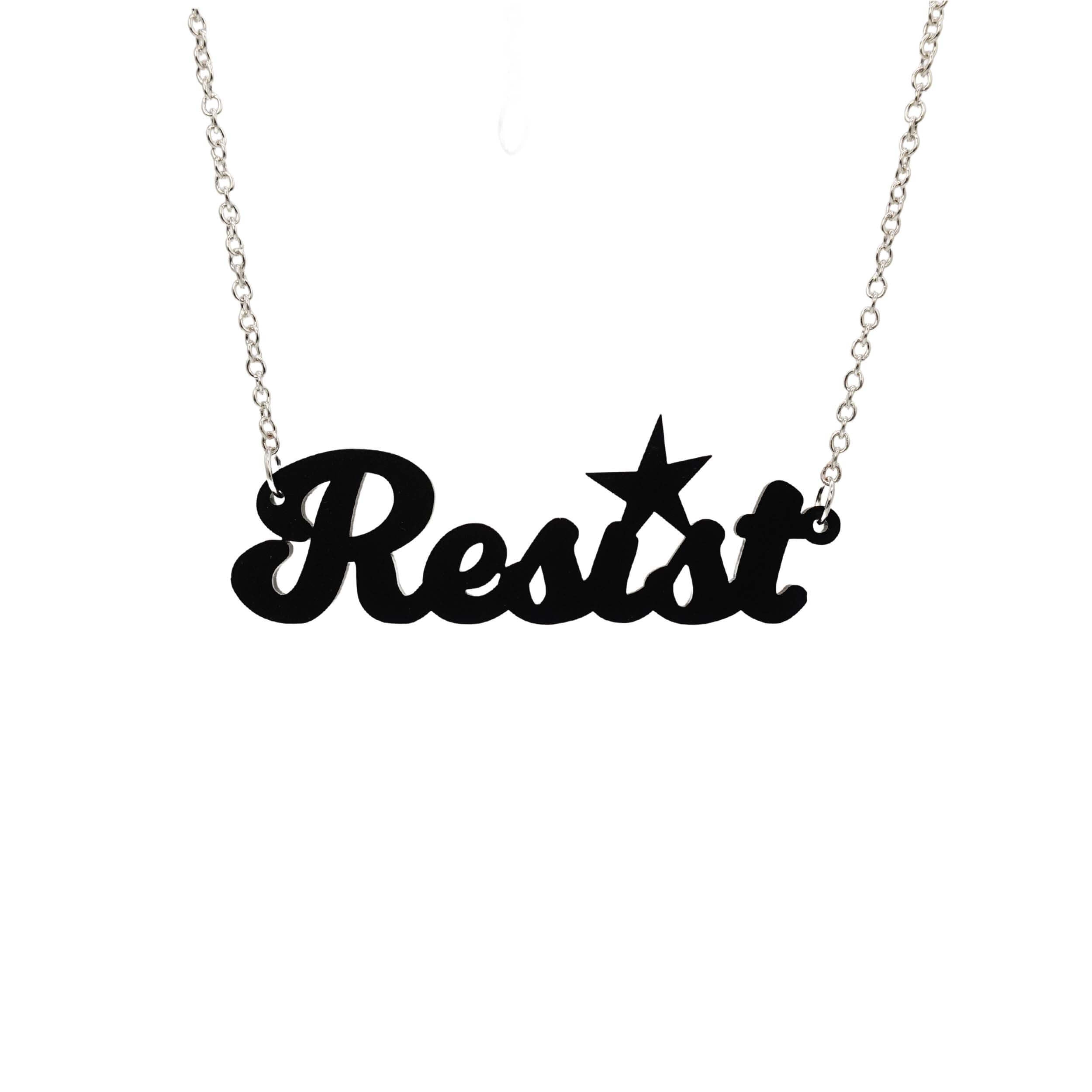 Matte black script Resist necklace shown hanging against a white background. 