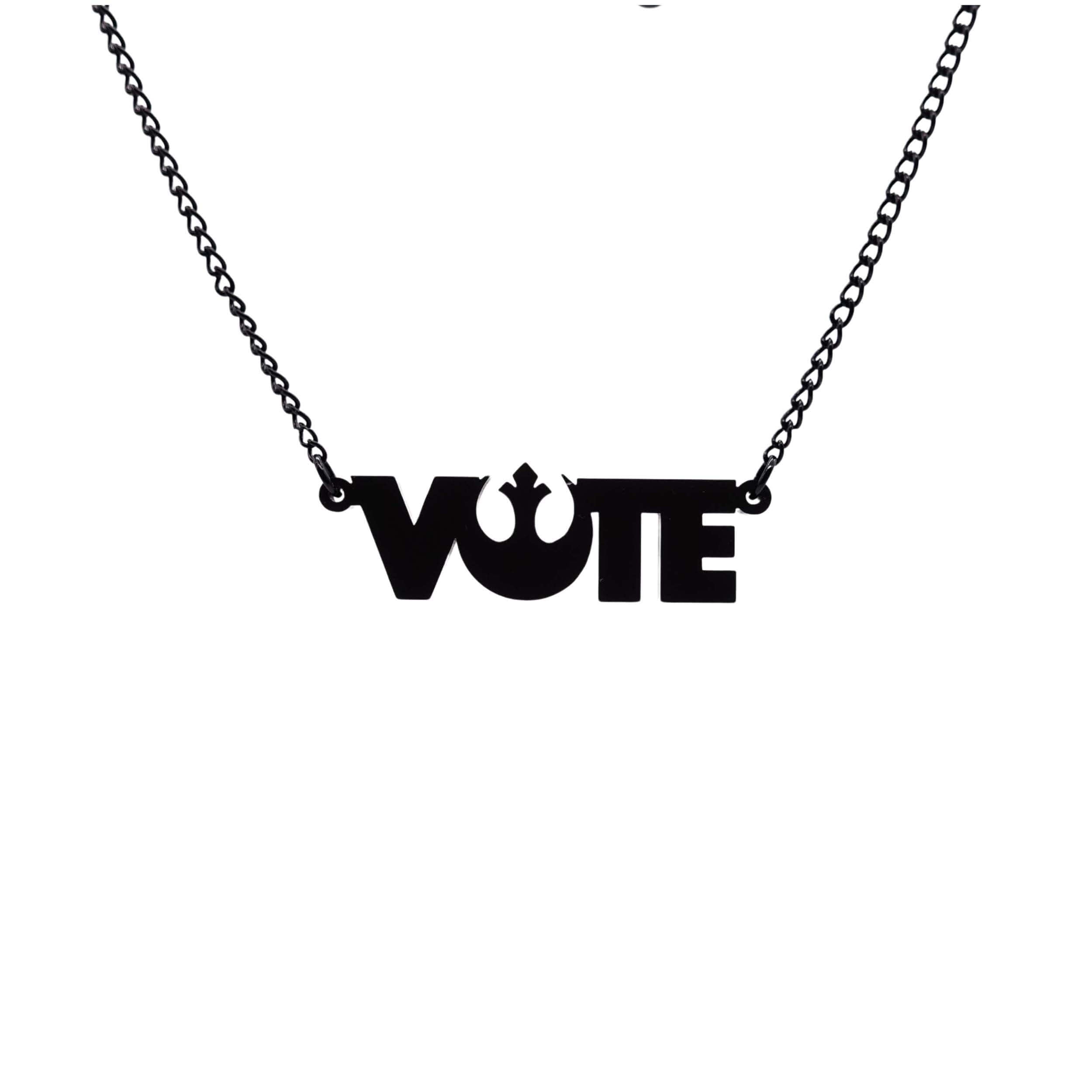 Rebel Alliance Vote necklace in matte black shown hanging against a white background. 