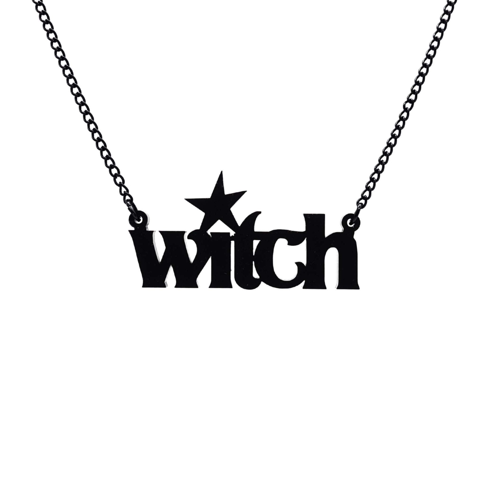 Witch necklace in matte black on a black chain shown hanging against a white background. 