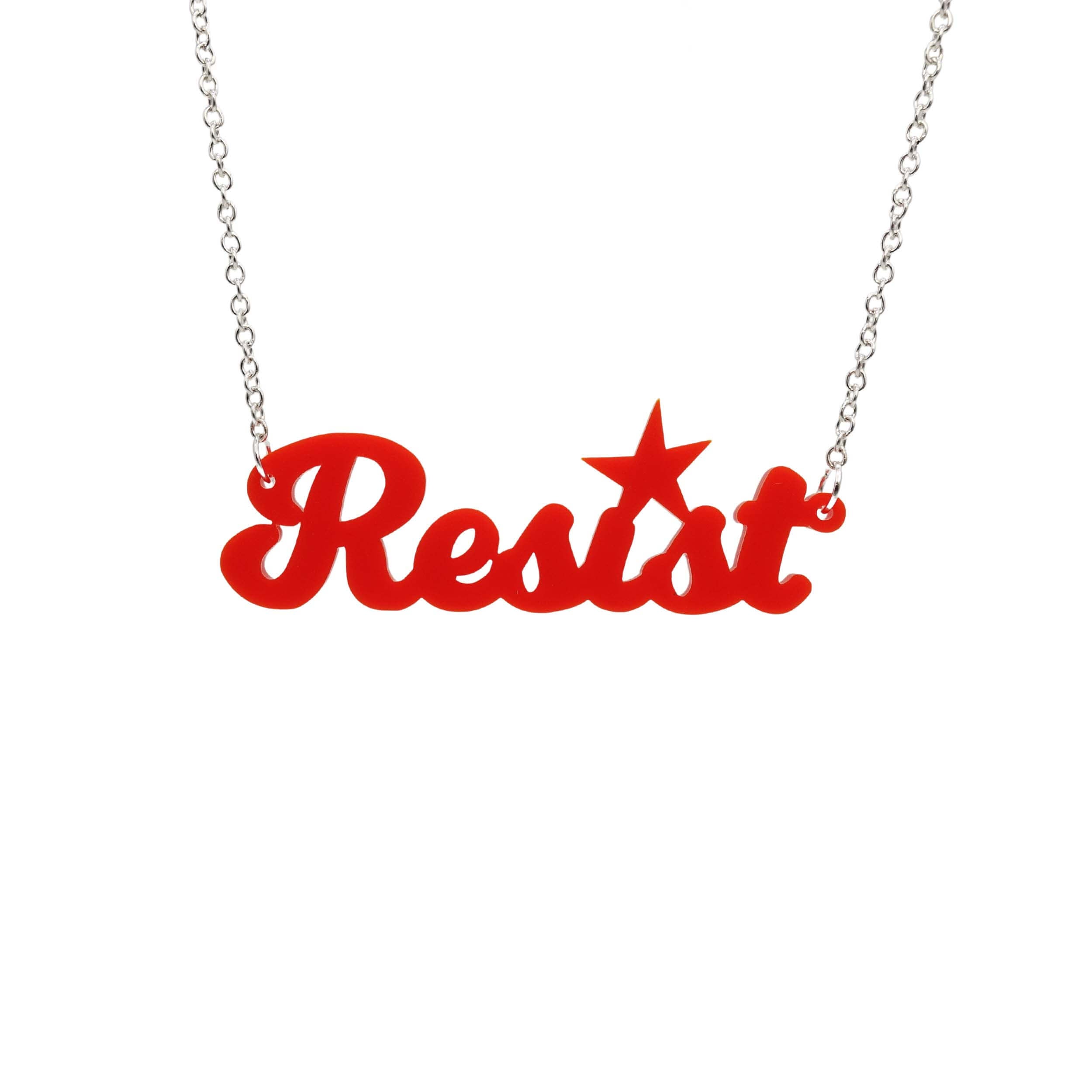 Matte red script Resist necklace shown hanging against a white background. 