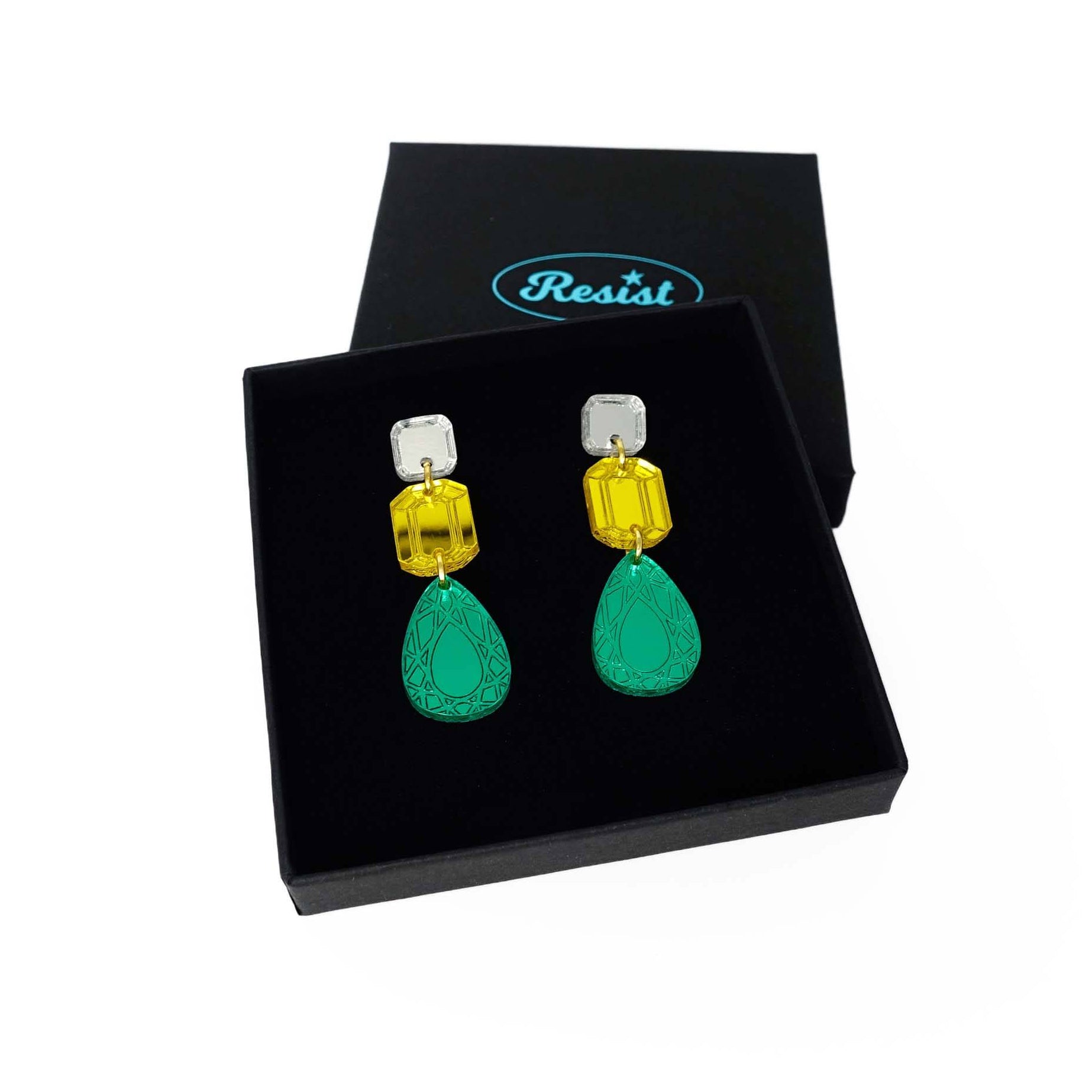 Medium Belle Epoque jewel earrings in electric green and yellow shown in a Wear and Resist gift box. 