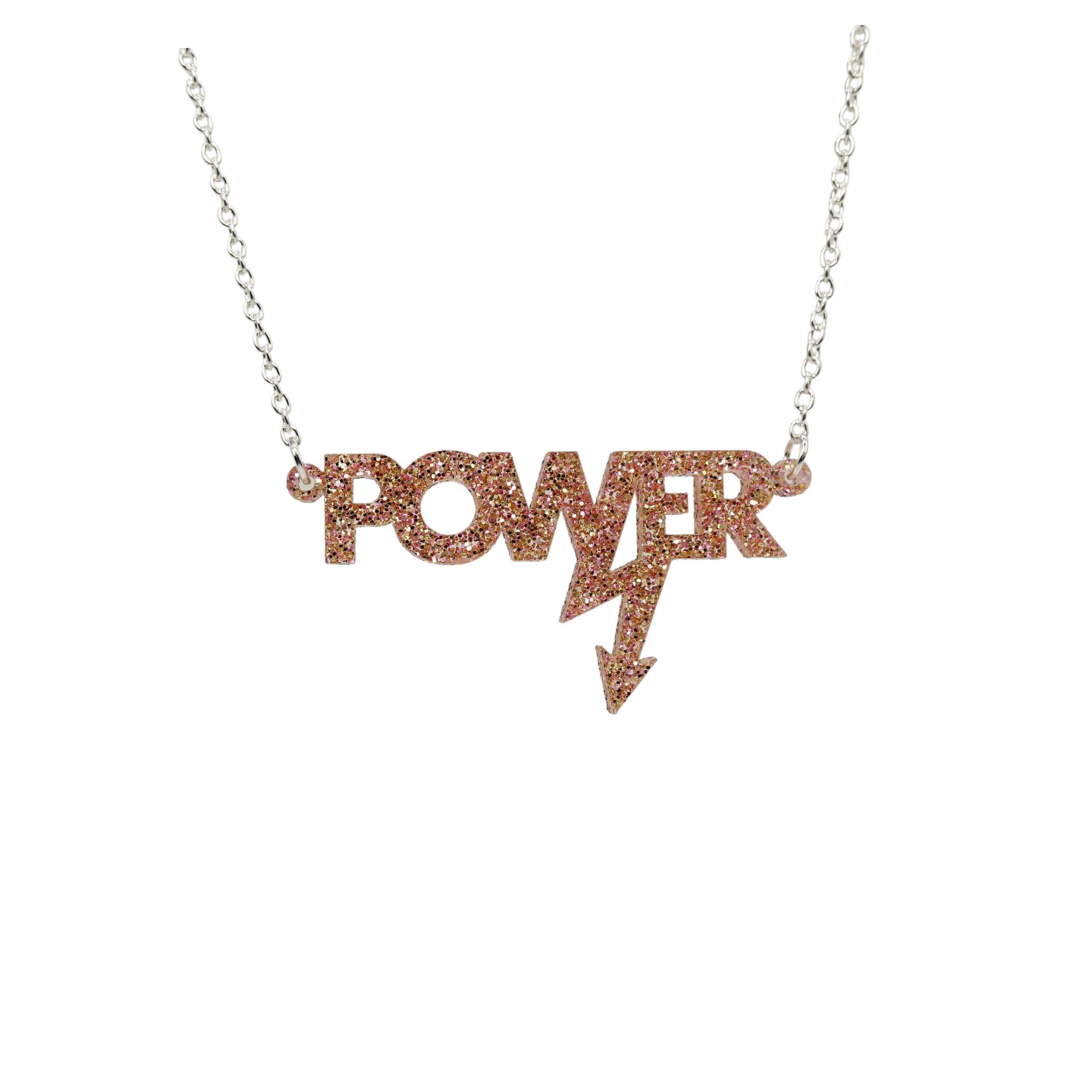Mini power necklace in pink fizz glitter, shown hanging against a white background.