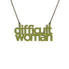 Difficult Woman necklace in olive frost, shown hanging against a white background. 