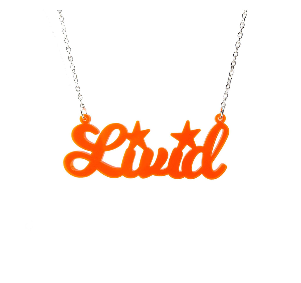 Livid necklace in fluorescent orange, shown hanging on a white background. 
