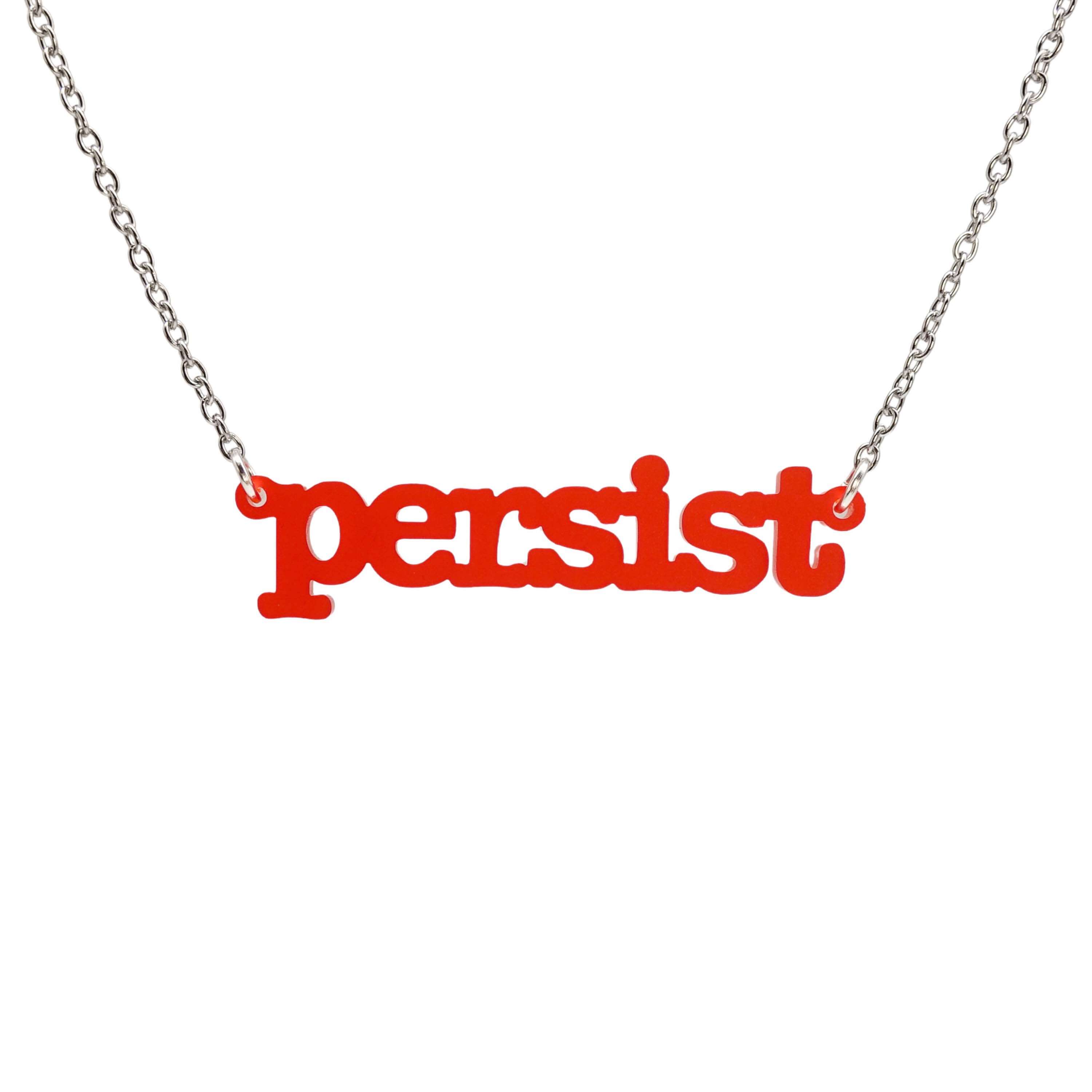 Typewriter Resist necklace in chilli frost shown hanging on a stainless steel chain against a white background. 