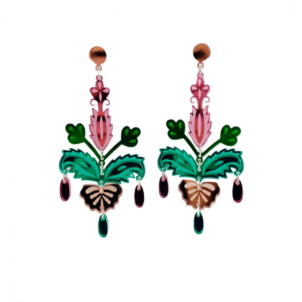 Pink and green festive drop statement earrings. 