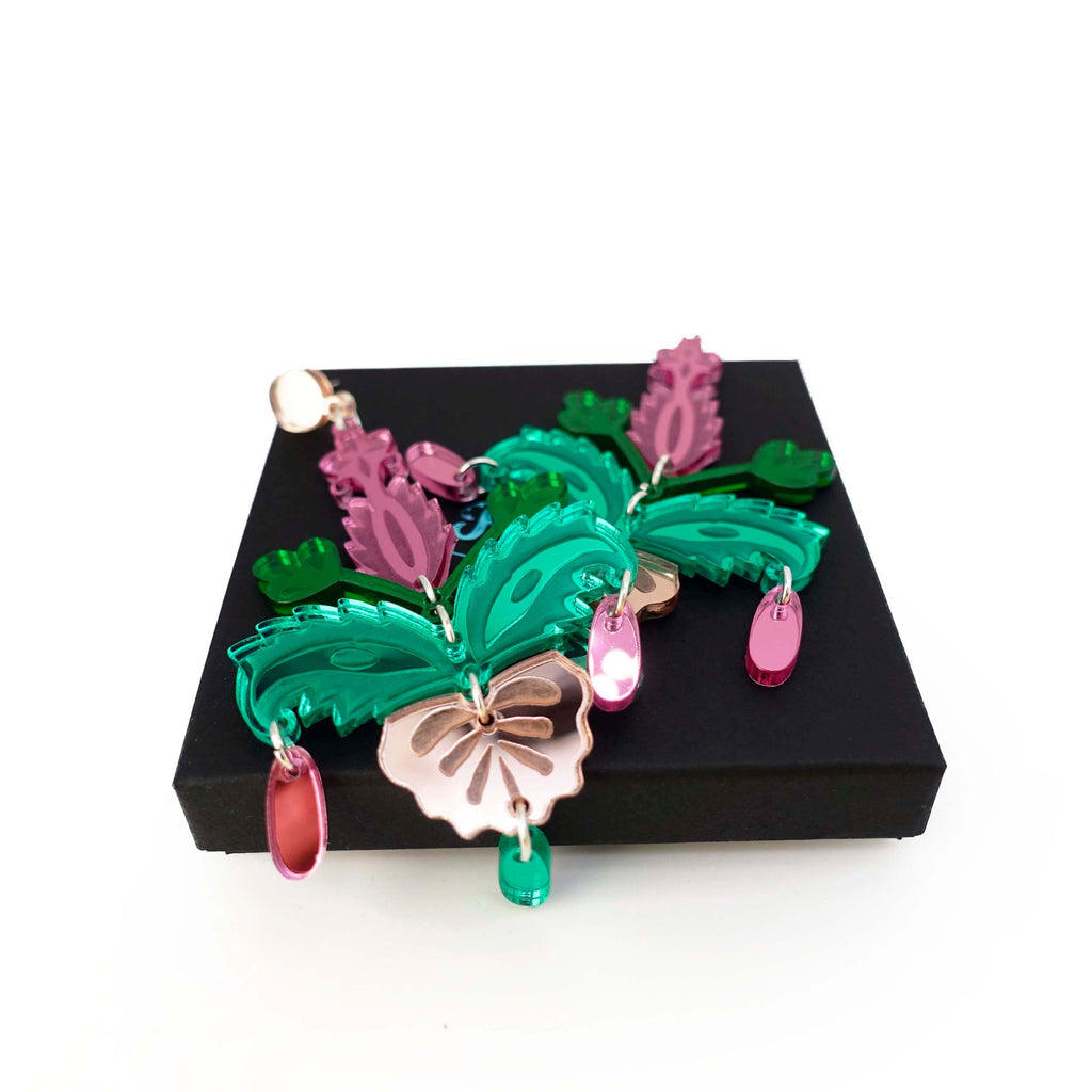 Pink and green festive drop statement earrings. 