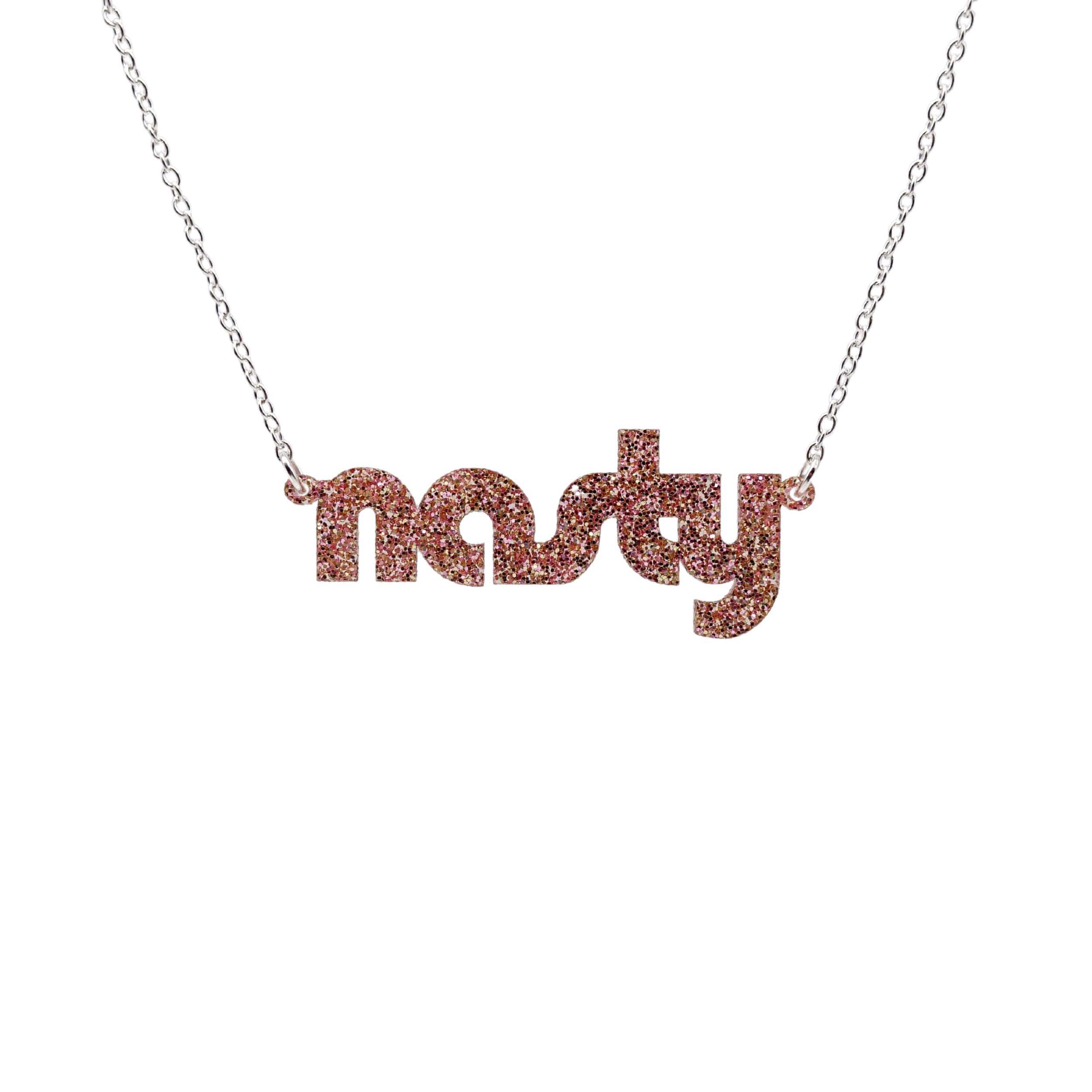 Nasty necklace in pink fizz glitter, shown hanging against a white background.