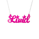 Livid necklace in clear hot pink shown hanging on a white background. 