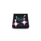 Pink mirror limited edition Festive Vintage Star earrings, shown on a Wear and Resist gift box.  