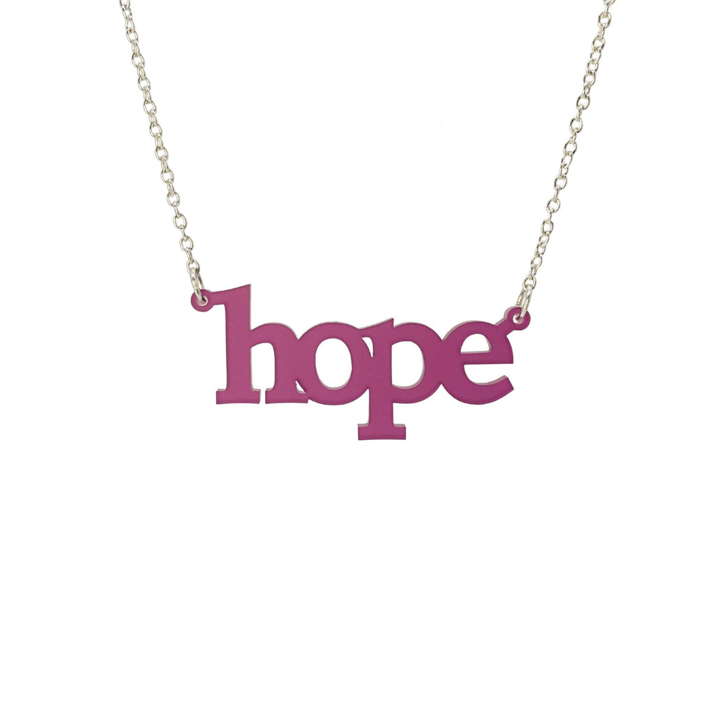 Hope necklace in plum frost shown on a silver chain hanging on a white background. 
