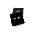 Purple mirror small heart earrings, shown in a small Wear and Resist gift box. 