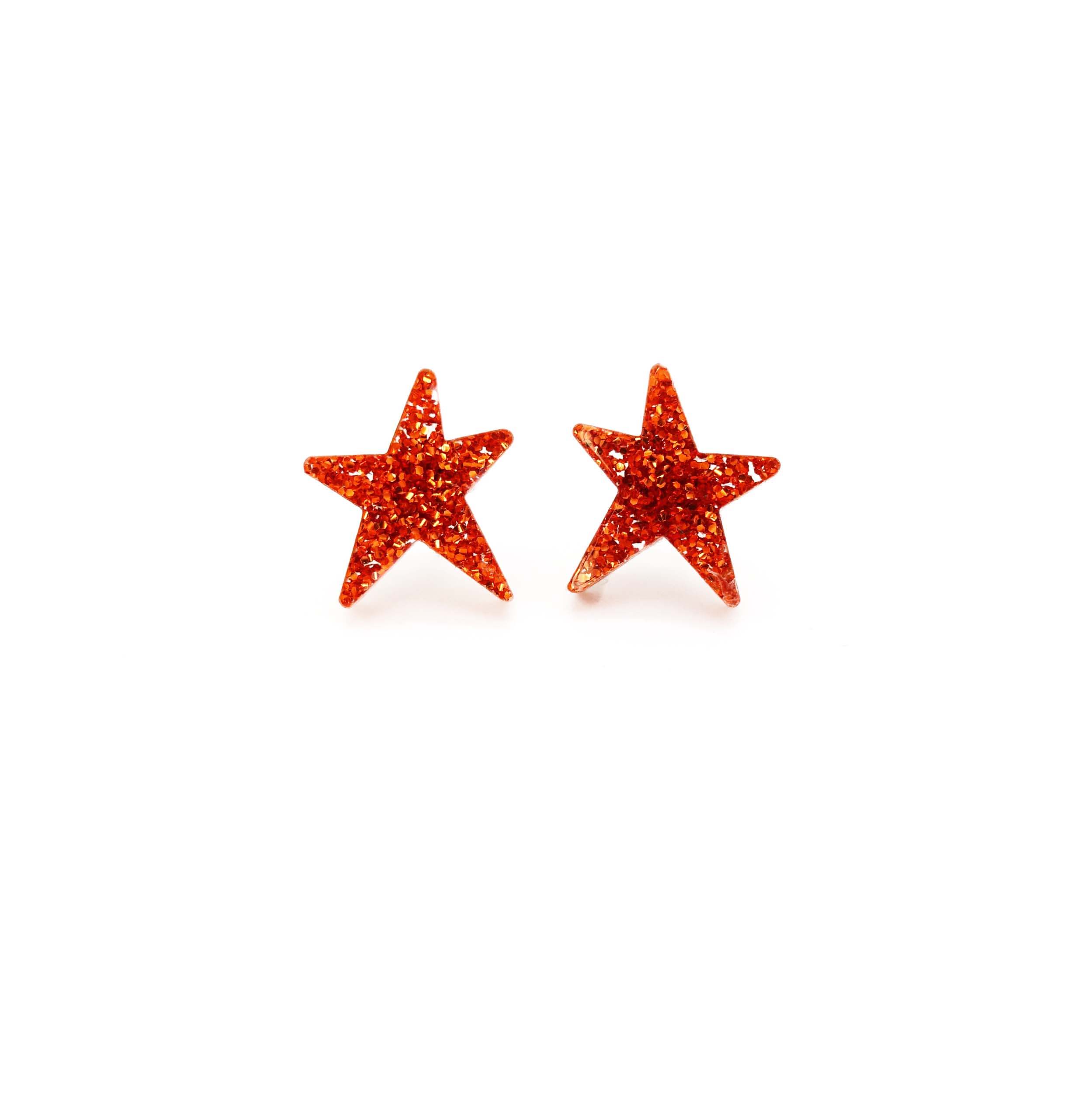 Flame glitter funky Wear and Resist star earrings shown on a white background. 
