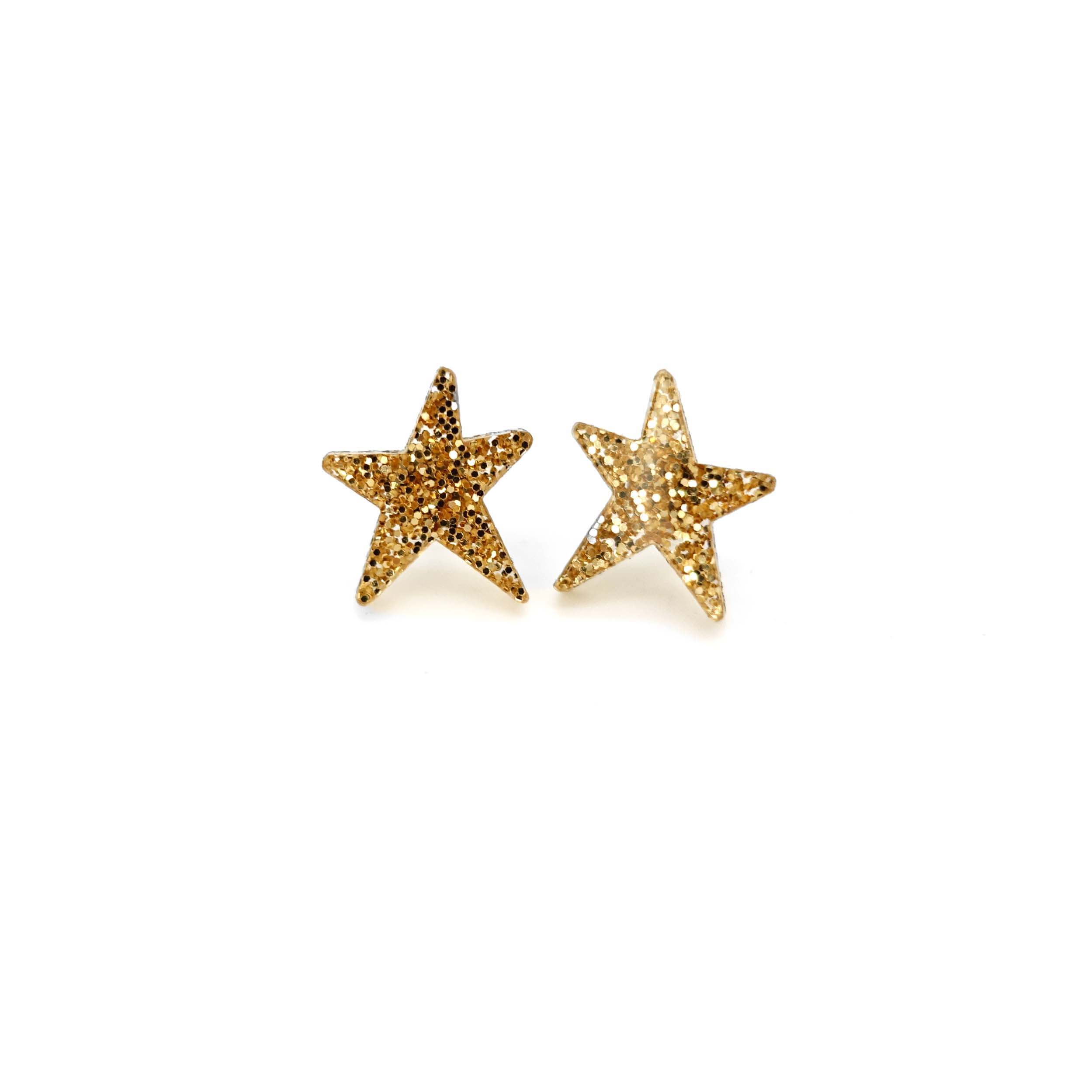 Gold glitter funky Wear and Resist star earrings shown on a white background. 
