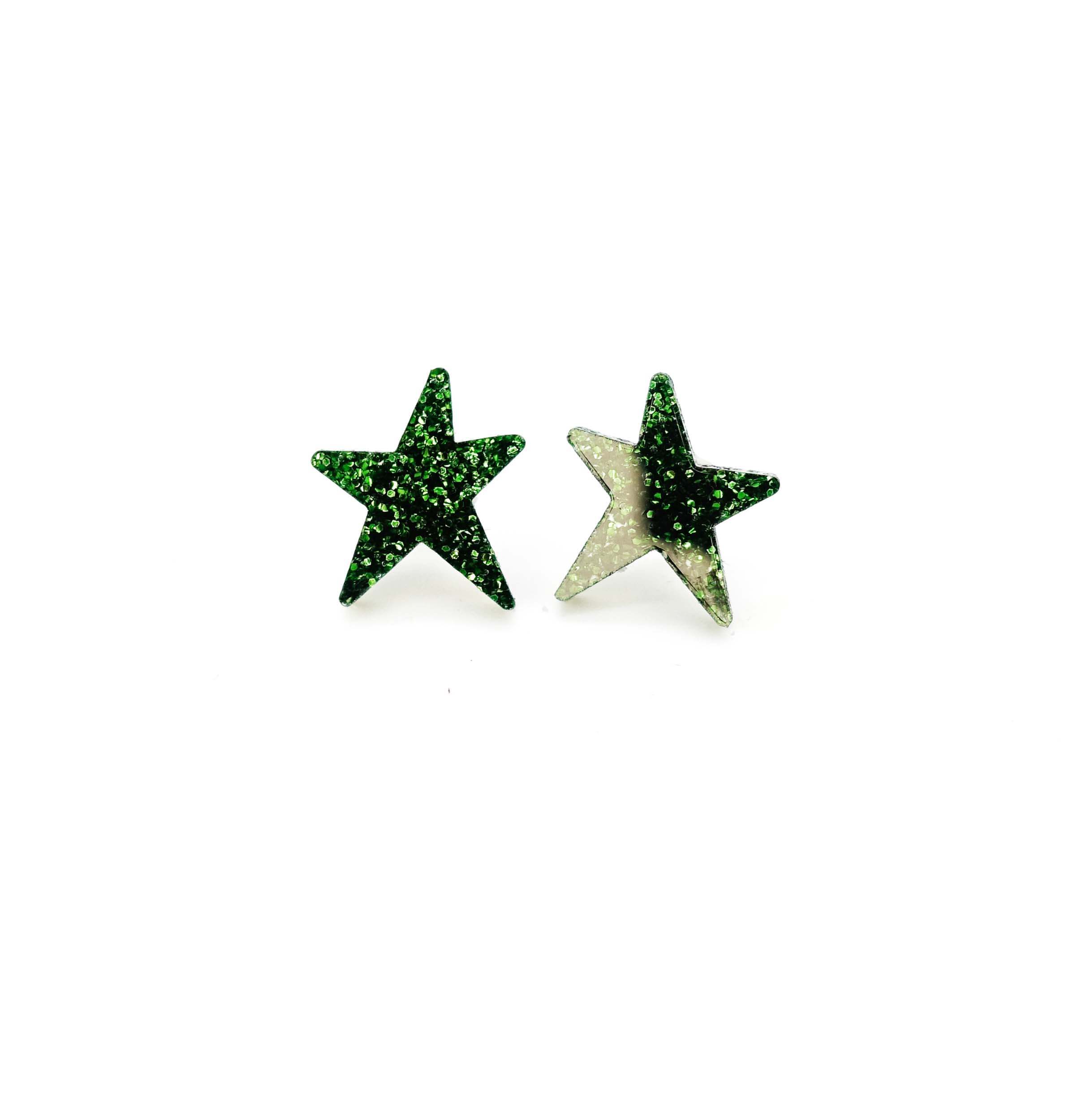 Moss glitter funky Wear and Resist star earrings shown on a white background. 