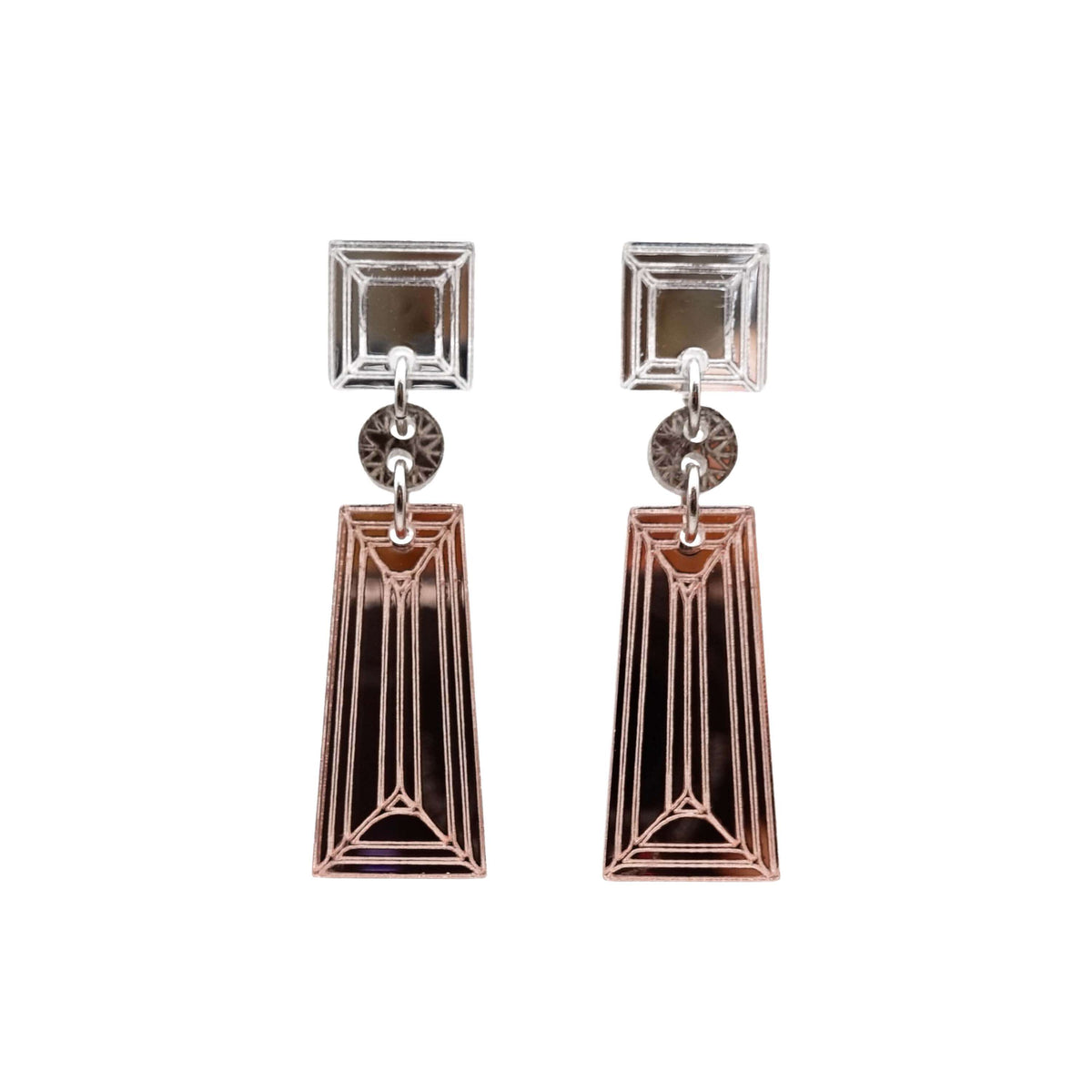 Deco drop earrings with rose gold Deco bottoms, a small jewel in bronze and the top in silver. 