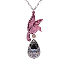 An acrylic pendant necklace with a pink bird holding a silver 'jewel' that says 'F*ck This'.