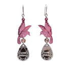 A pair of acrylic earrings with pink birds holding silver 'jewels' that say 'Gone Feral'. 