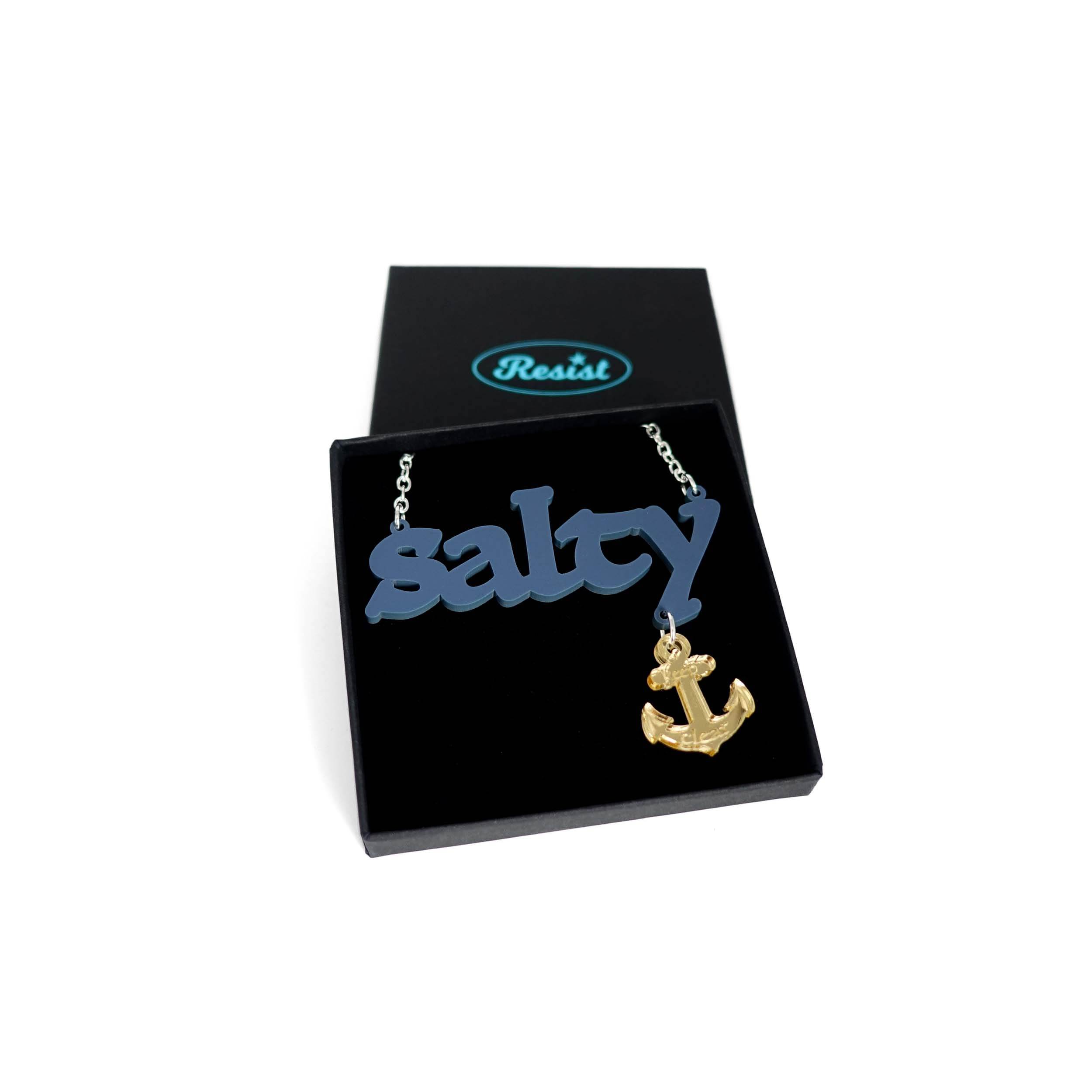 Salty necklace with keep clear anchor shown in a Wear and Resist gift box. 