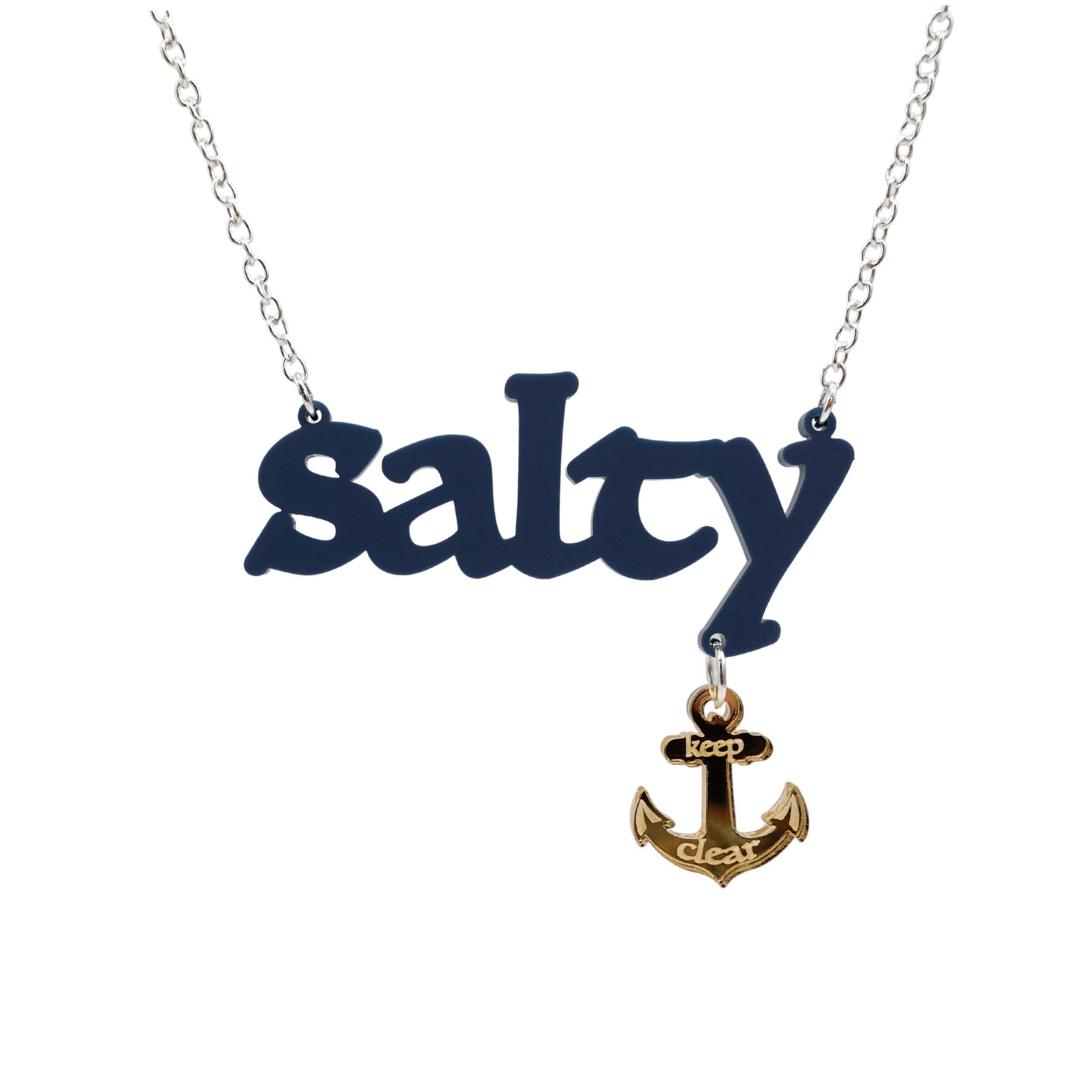 Salty necklace with keep clear anchor designed by Sarah Day for Wear and Resist. Shown hanging against a white background. 