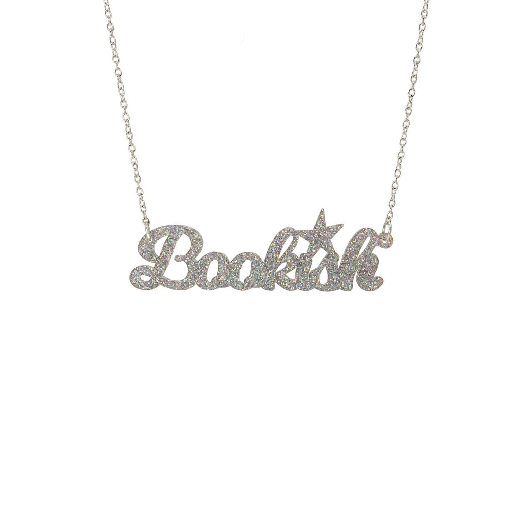 Silver glitter Bookish necklace shown against a white background. 