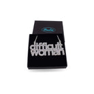 Difficult Woman necklace in silver glitter, shown in a Wear and Resist gift box.