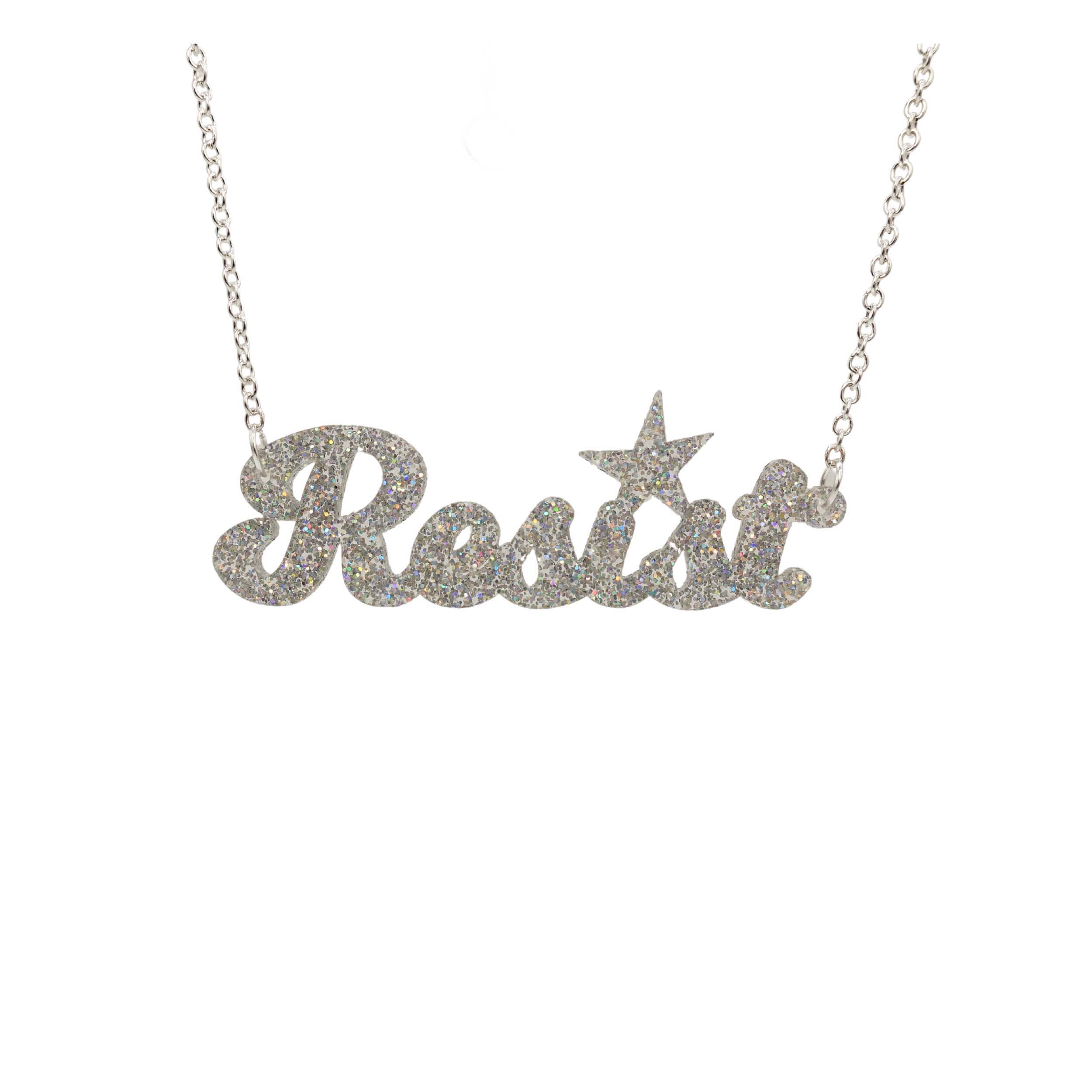 Silver glitter script Resist necklace shown hanging against a white background. 