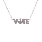 Rebel Alliance Vote necklace in silver glitter shown hanging against a white background. 