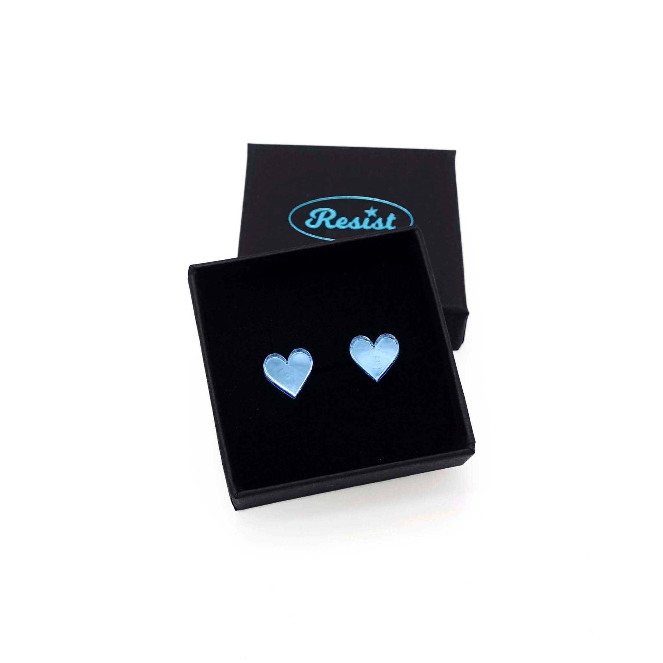 Sky mirror small heart earrings, shown in a small Wear and Resist gift box. 