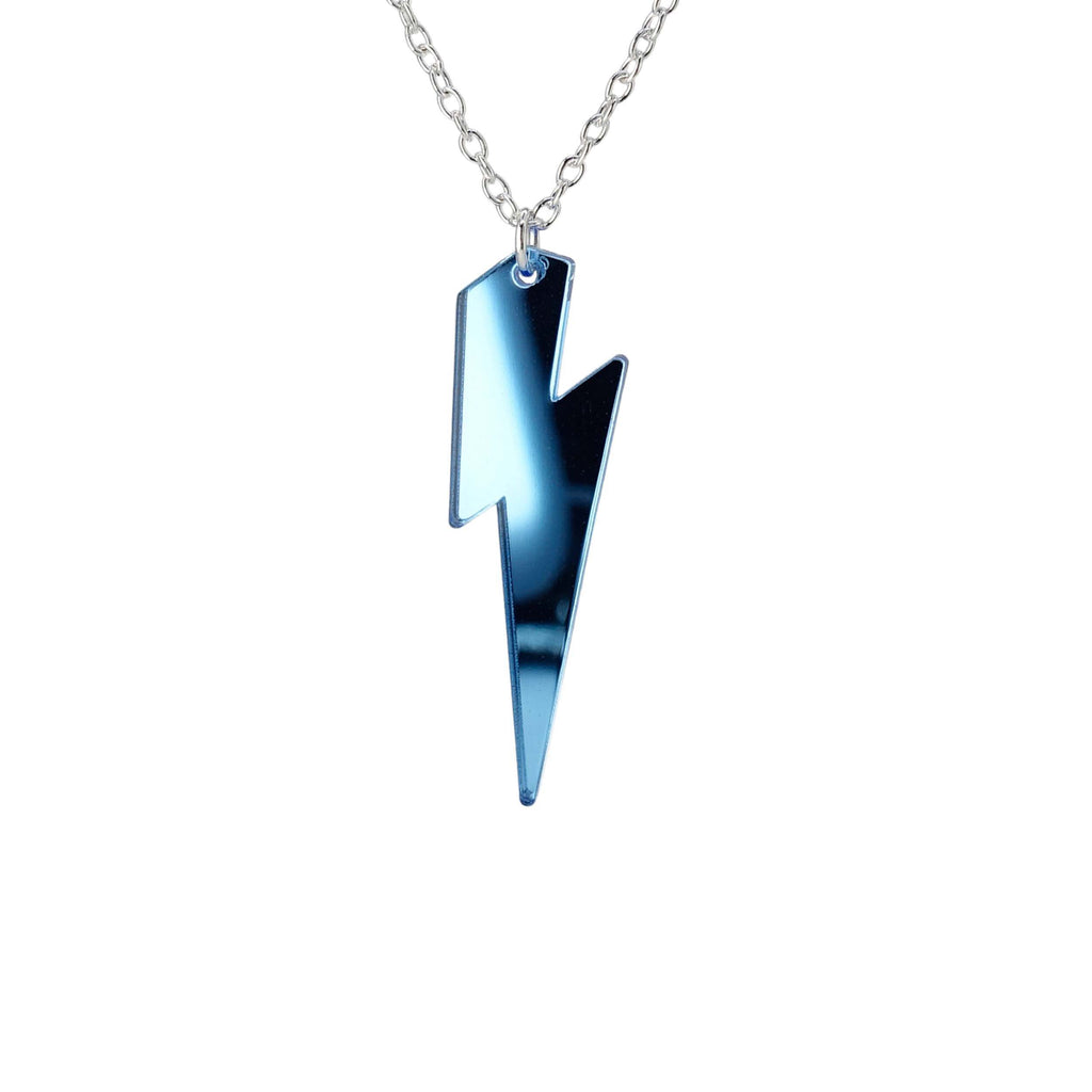 Sky mirror Lightning Bolt necklace shown hanging against a white background. 