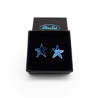Sky mirror funky Resist star earrings shown in a Wear and Resist gift box. 