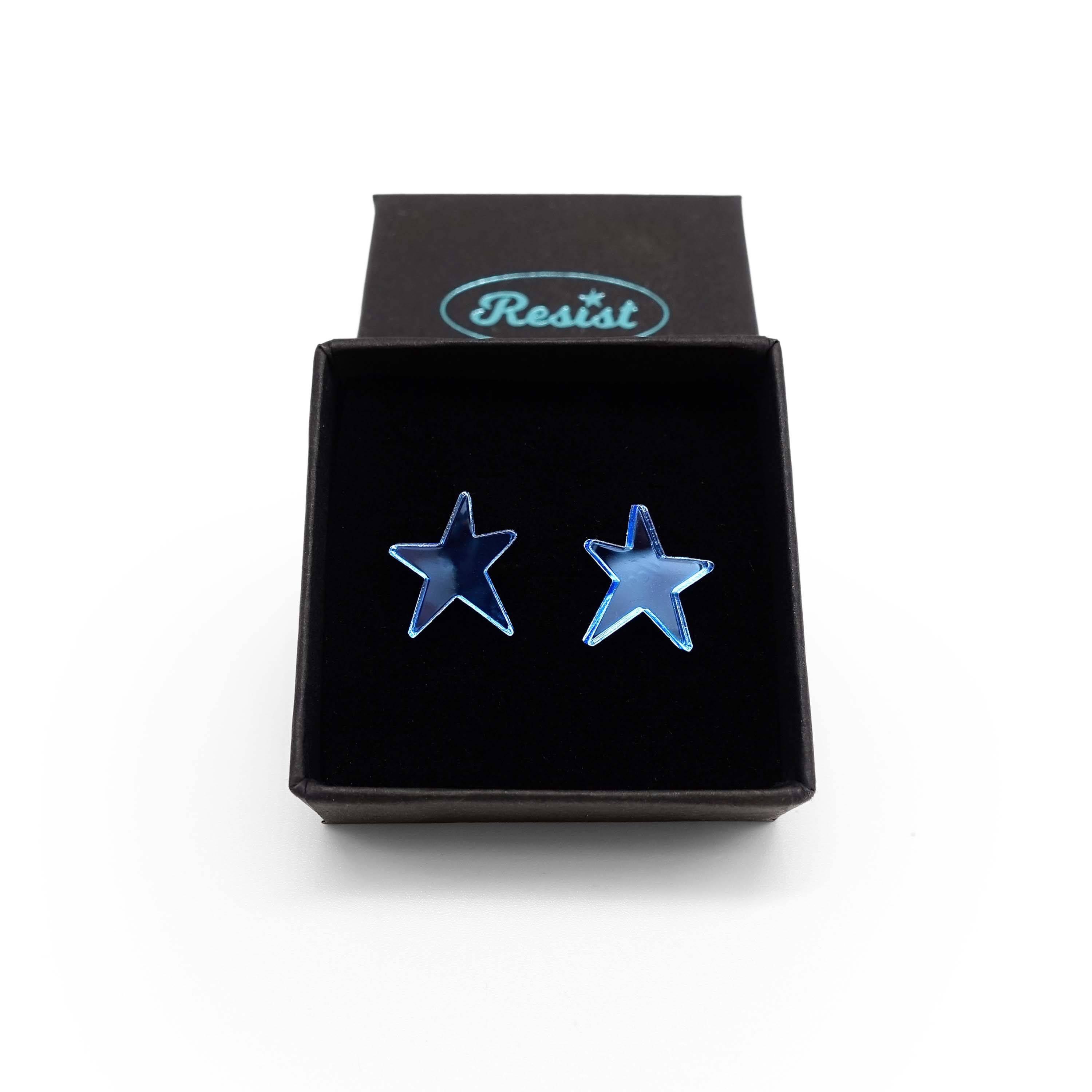 Sky mirror funky Resist star earrings shown in a Wear and Resist gift box. 