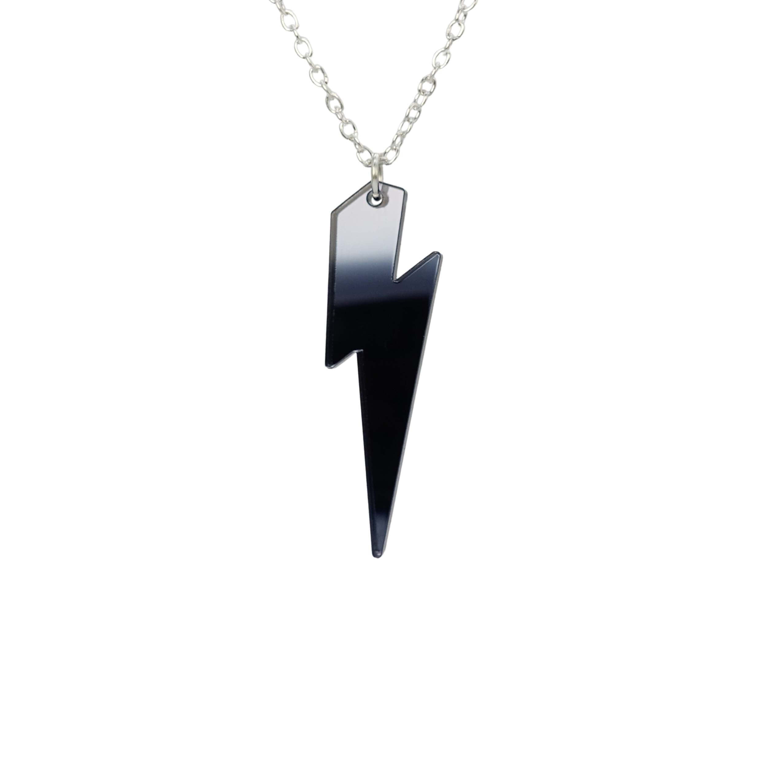 Slate mirror Lightning Bolt necklace shown hanging against a white background. 
