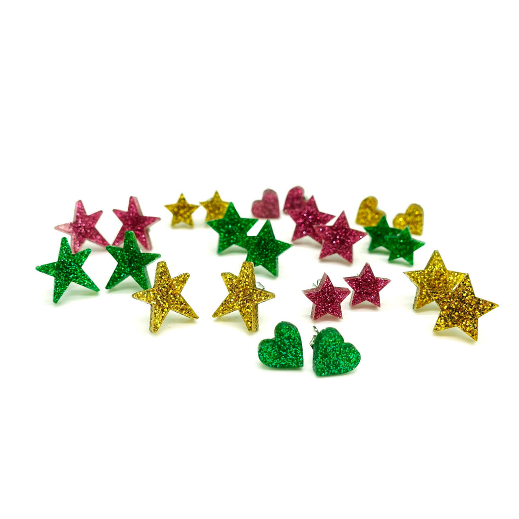 Star and heart earrings in new festive edition glittery colours. 
